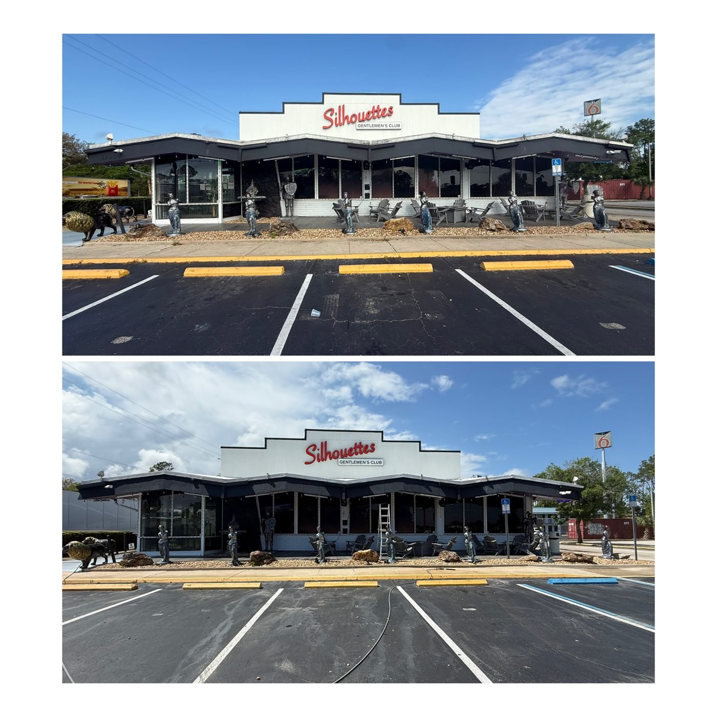 Commercial storefront and parking lot before and after cleaning