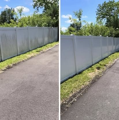 Vinyl fence before and after cleaning in Volusia County