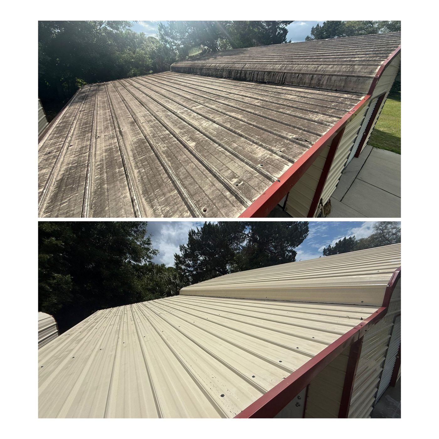 Roof before and after a soft wash in Volusia County