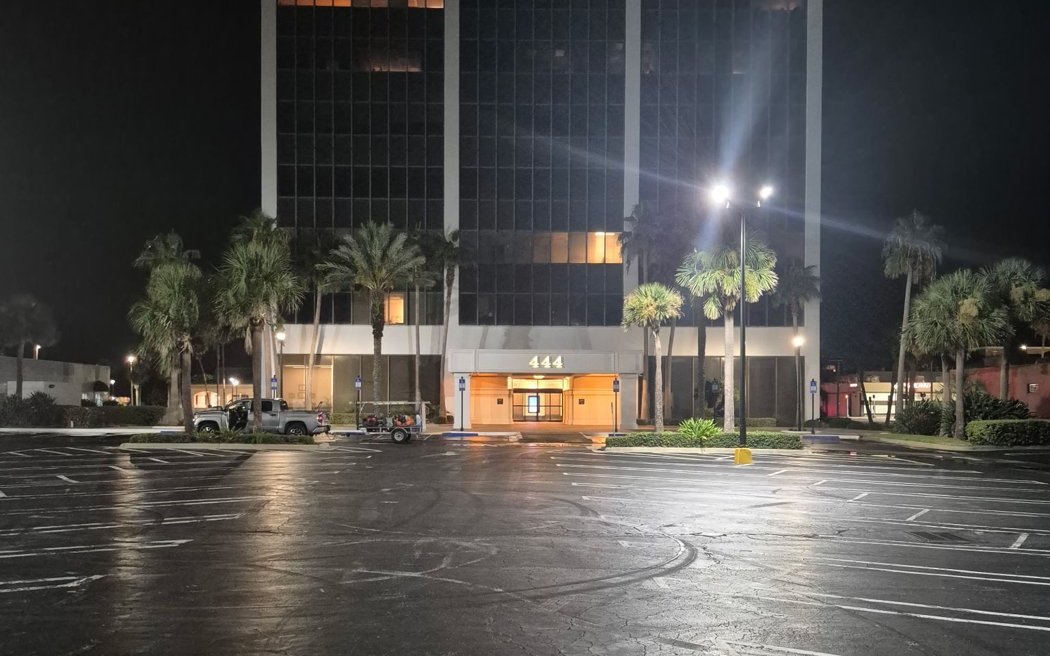 A commercial building and parking lot cleaned after hours in Volusia County